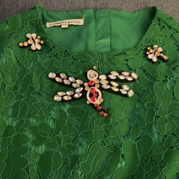 Flowers & Still Girls Green Lace Dress Embellished with a Crystal Firefly. Sz 8. - Picture 6 of 8